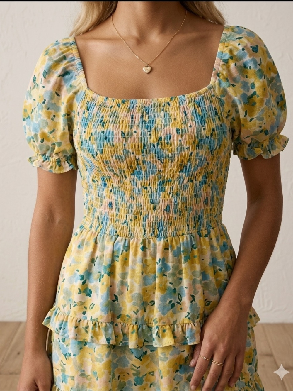 Regency Smocked Puff Sleeve Off Shoulder Dress Floral Watercolor‎ M
